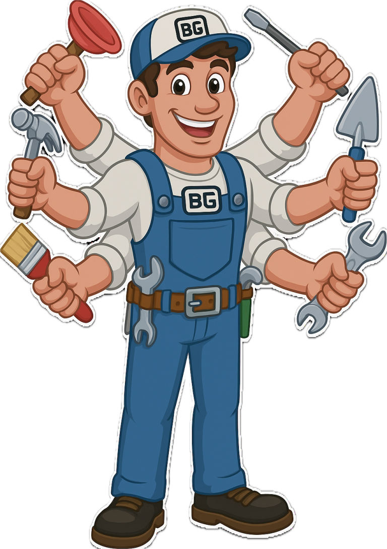 Allround-Handwerker – wir packen an Allround-Handwerker als Maskottchen mit mehreren Werkzeugen