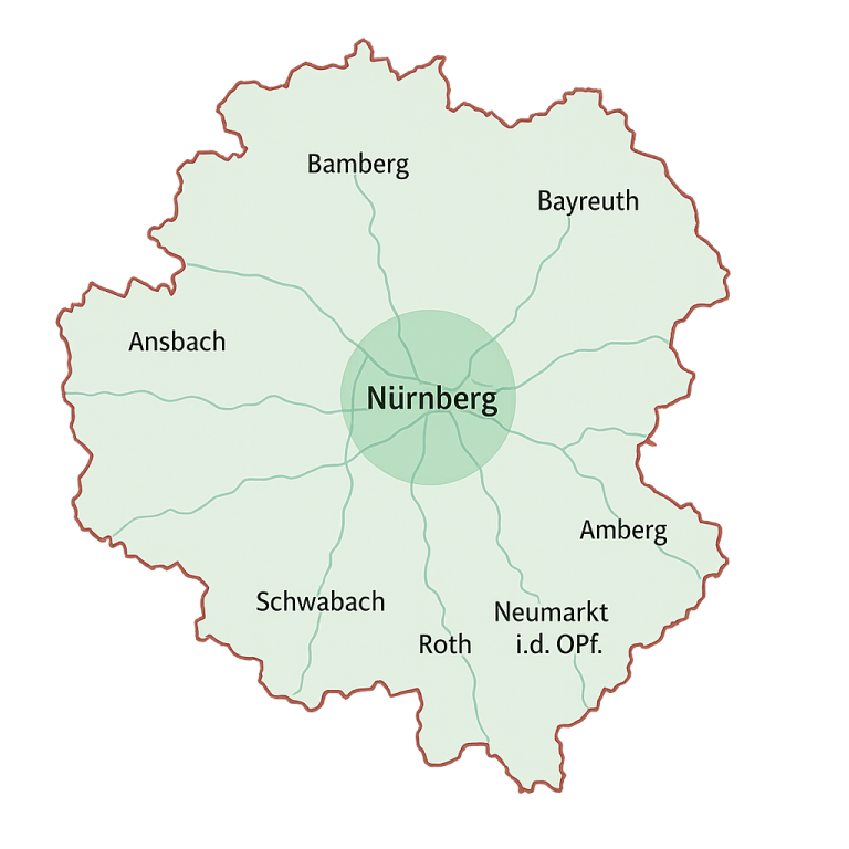 Servicegebiet in Mittelfranken: Nürnberg mit Bamberg, Bayreuth, Ansbach, Schwabach, Roth, Neumarkt i.d.OPf. und Amberg (Karte).