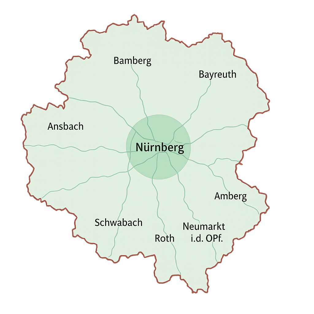 Einsatzgebiet Nürnberg & Mittelfranken | Wir betreuen die Region Servicegebiet in Mittelfranken: Nürnberg mit Bamberg, Bayreuth, Ansbach, Schwabach, Roth, Neumarkt i.d.OPf. und Amberg (Karte).